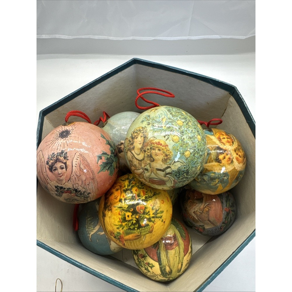 Twelve Glorious Angels Vintage Decoupage Christmas Ornaments Original Box No Lid